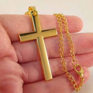 Mens Yellow Gold Plated Stainless Steel Cross Pendant Curb Chain Necklace 25"